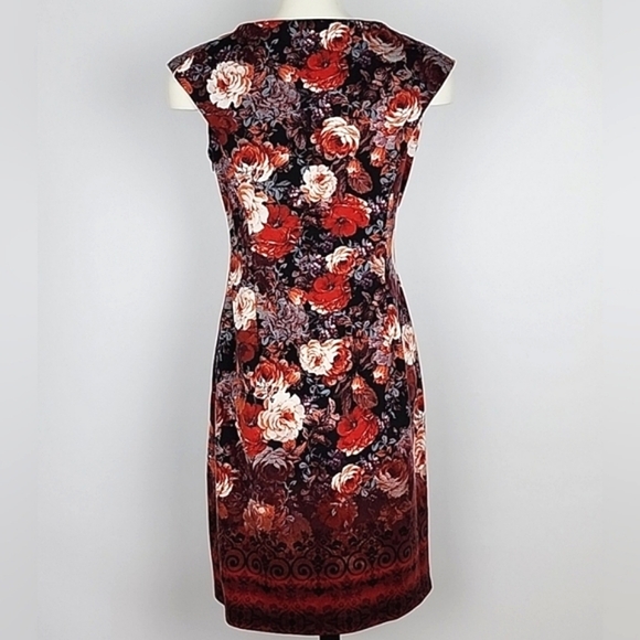London Times Red Black Cream  Floral Print Sheath Dress Capped Sleeves Size 4 - Picture 3 of 15